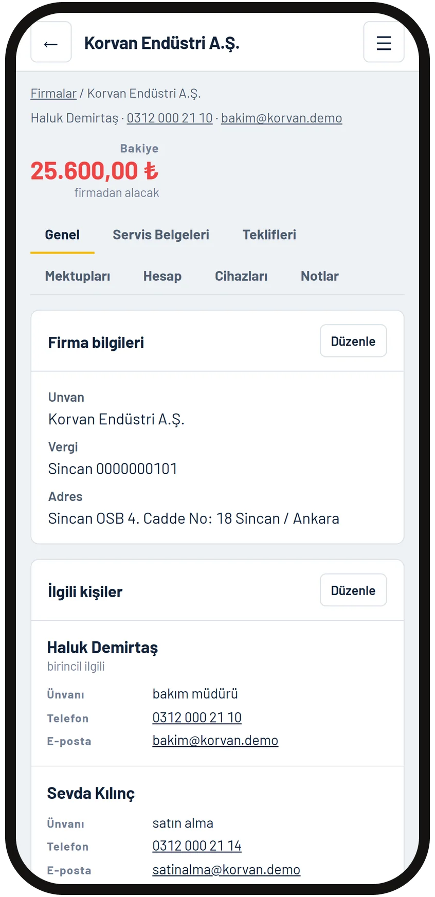 Company card on a phone: contact, balance and tabs