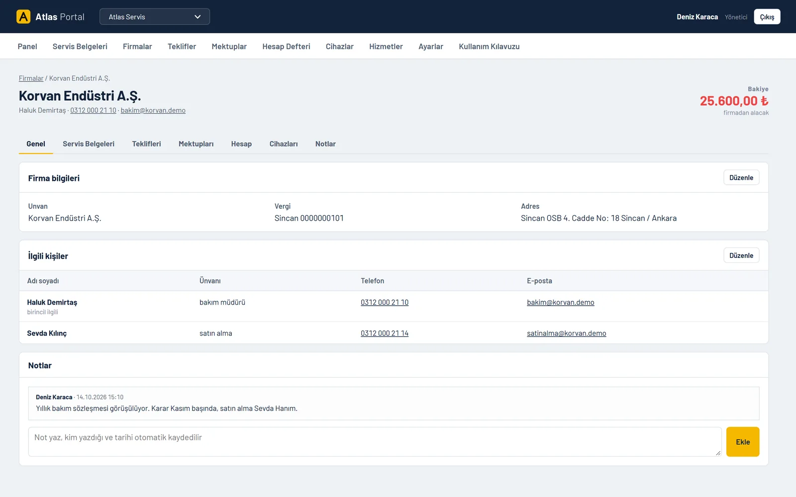 Company card: contacts, balance, notes and tabs