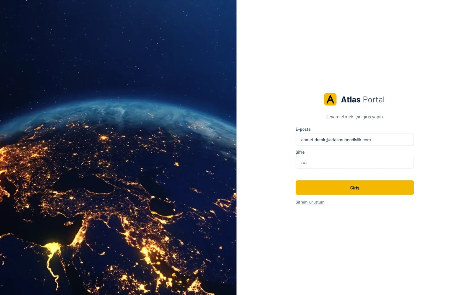 Login screen: company logo, email and password fields