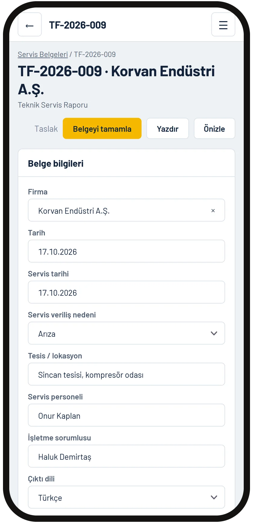 Service form on a phone: company, service date, reason for service, facility and service staff
