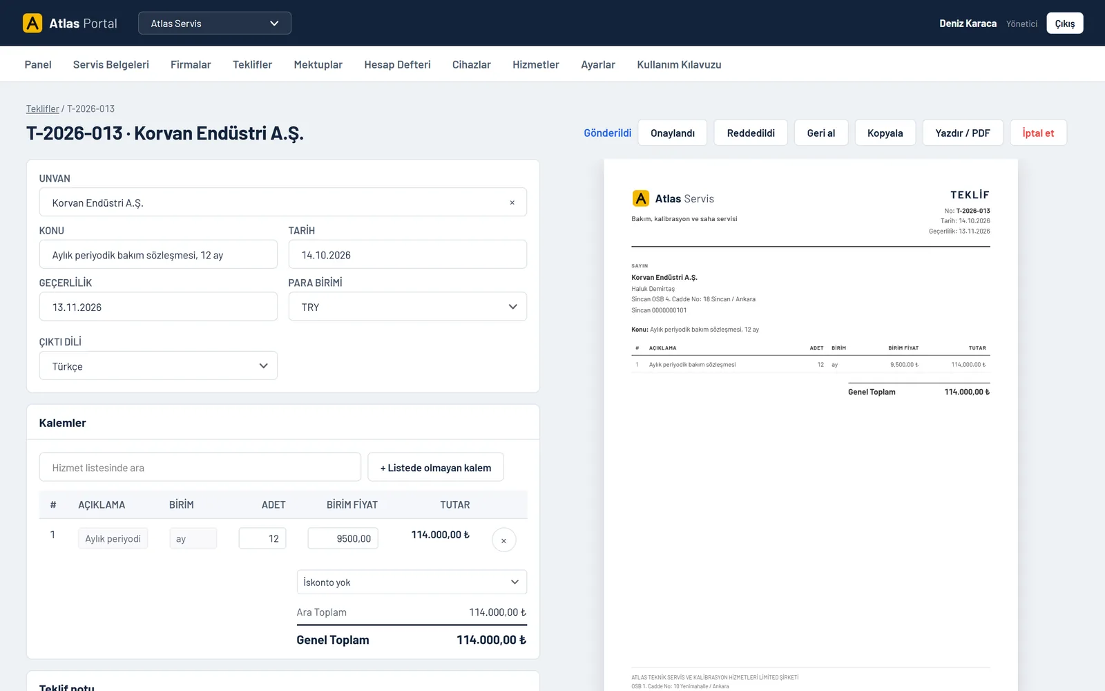 Quote editor: line items on the left, the A4 printout in live preview on the right