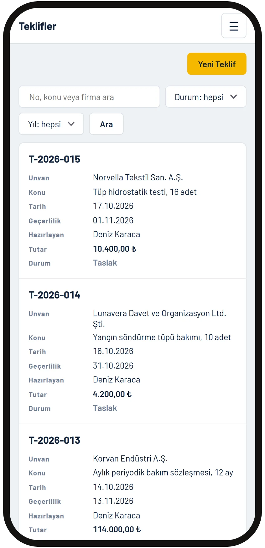 Quote list on a phone: number, company, subject, amount and status
