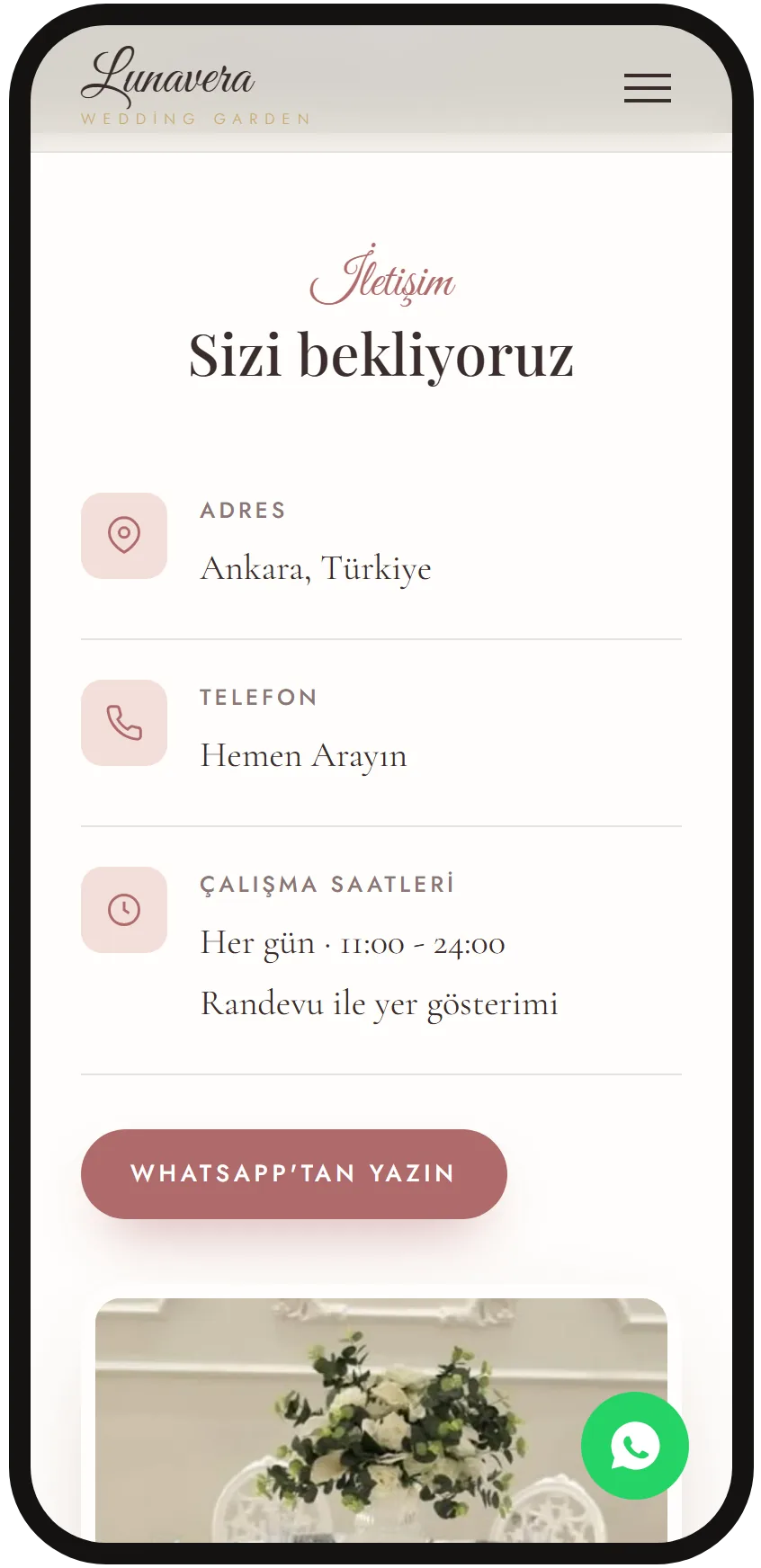 Contact screen with address, phone, opening hours and WhatsApp button on a phone