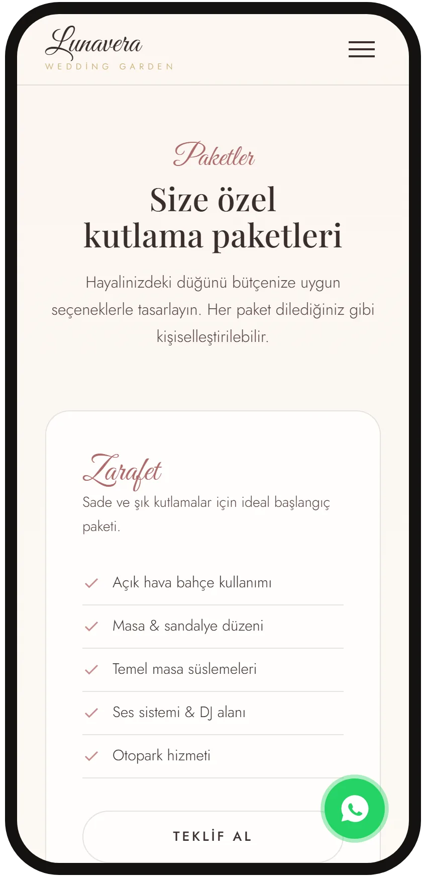Itemised package card with a Get a quote button on a phone