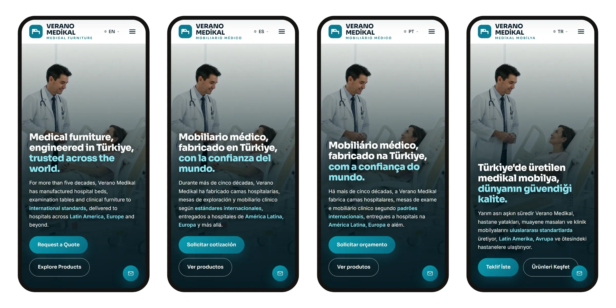 The same export site in four languages on four phones