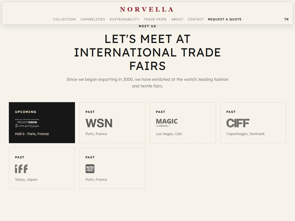 Trade fair section showing upcoming and past international fairs on desktop