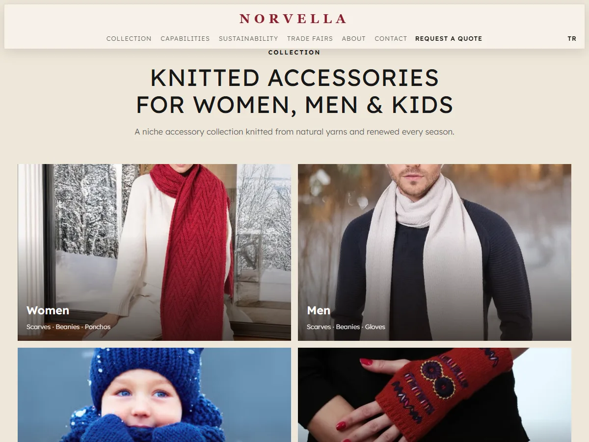 A knitwear manufacturer's women, men and kids collection page on desktop