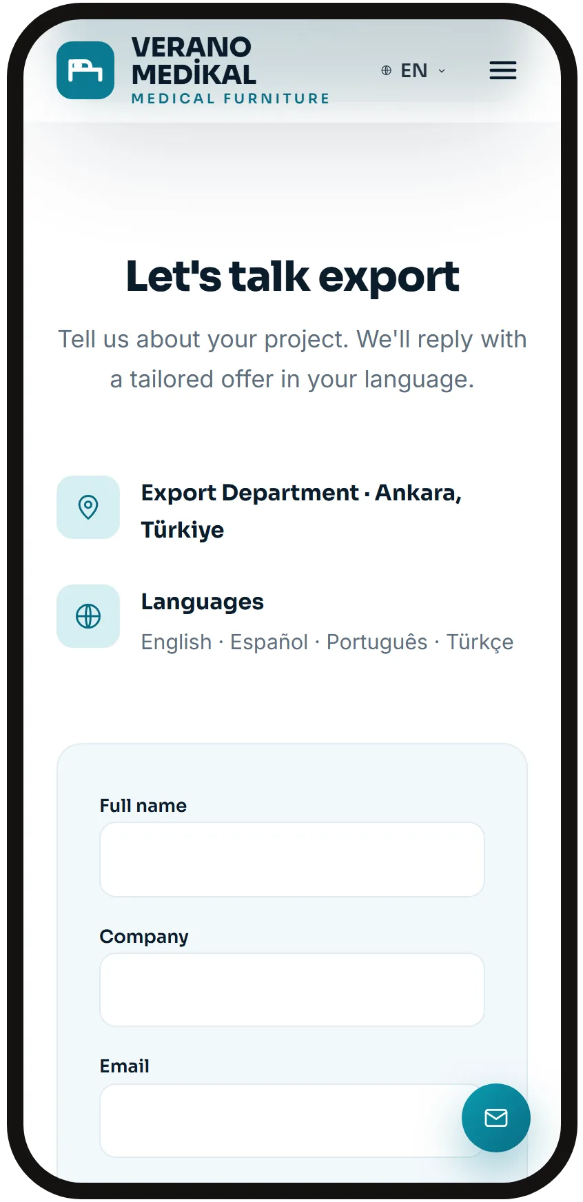 Quote form with country and product group fields on a phone
