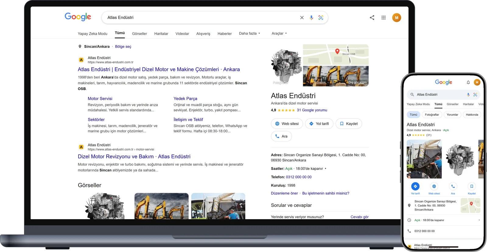 The site and Business Profile in a Google search for the company name, on a laptop and a phone
