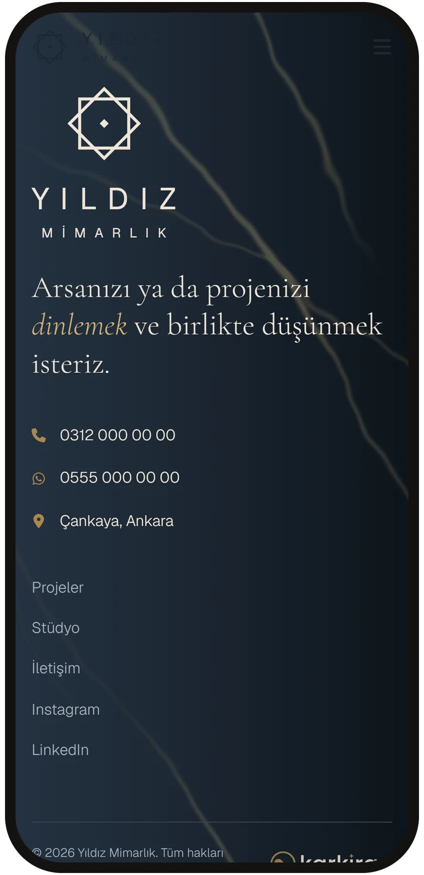 Contact section with phone, WhatsApp and address links on a phone