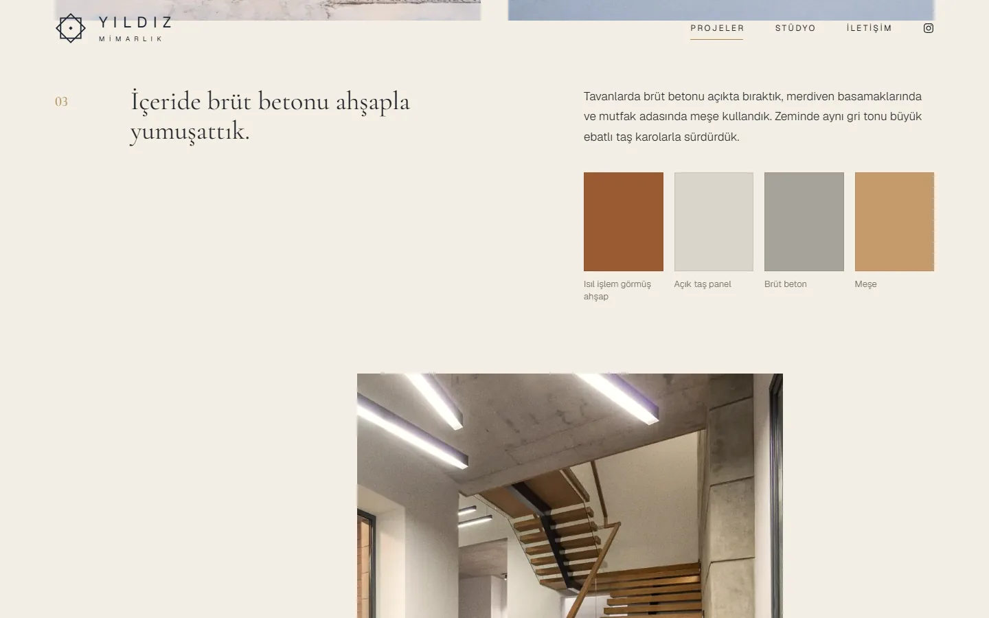 Text explaining a design decision and a four-colour material palette on desktop