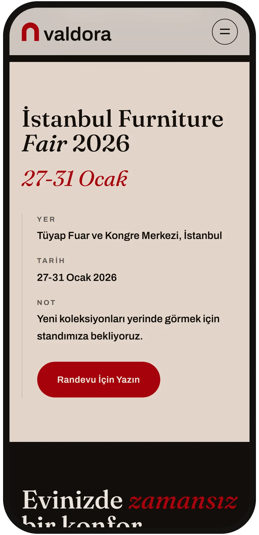 Fuar daveti, tarih, yer ve randevu butonu telefonda