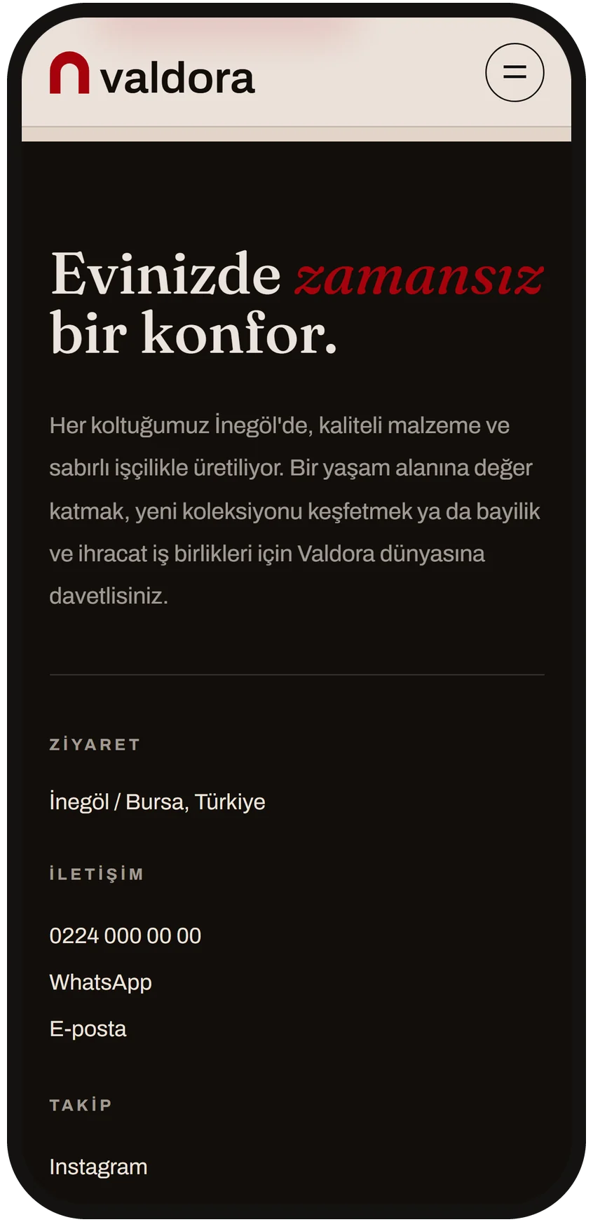 Showroom adresi, telefon, WhatsApp ve e-posta bağlantılarıyla iletişim bölümü telefonda