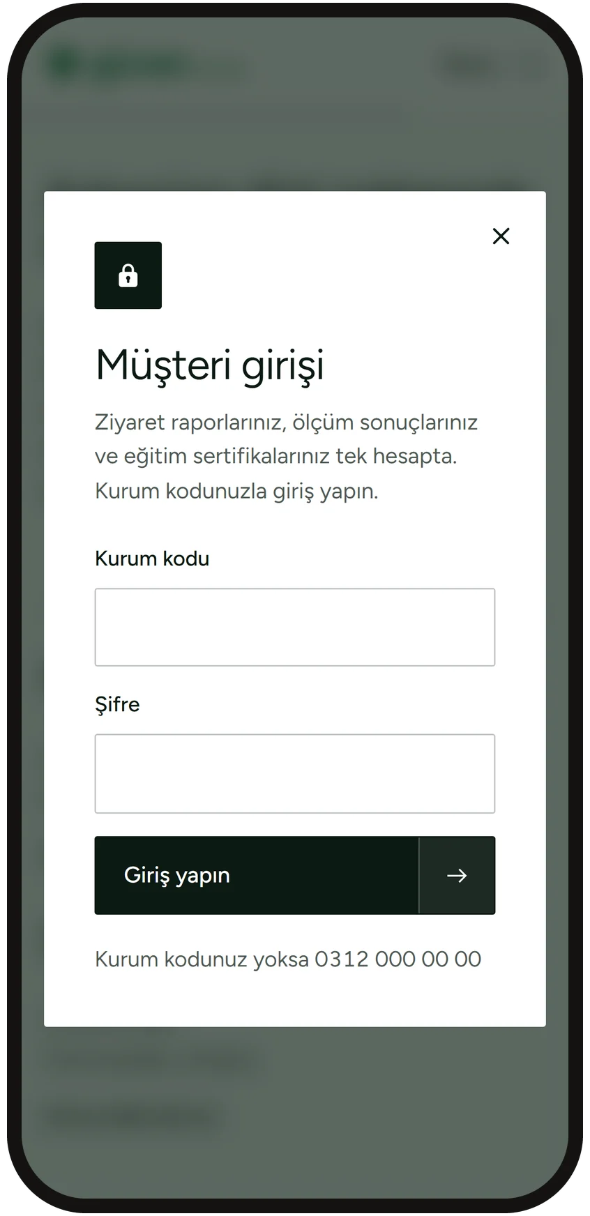 Client login screen with company code and password on a phone