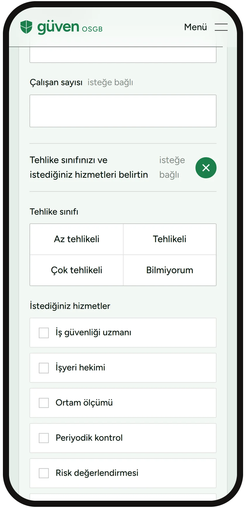 Quote form with hazard class and service selection on a phone