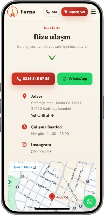 Restaurant contact, address and map screen