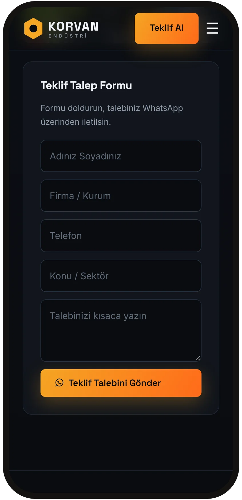 Quote form with name, company, phone, subject and sector fields on a phone