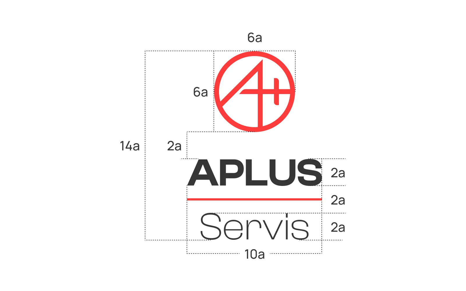 Aplus Servis vertical logo proportions: icon 6a, wordmark block 10a, total height 14a