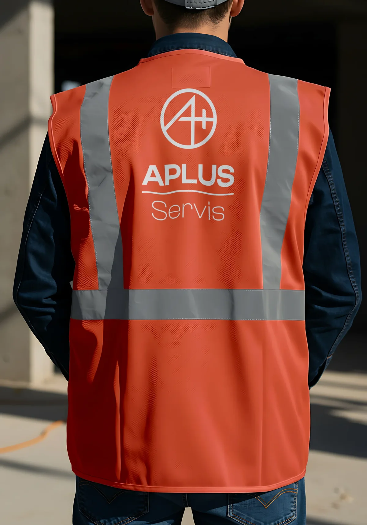 Aplus Servis logo on the back of an orange safety vest