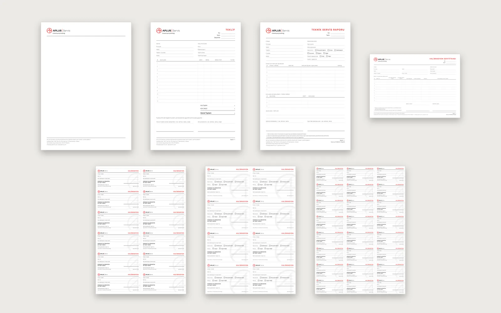 Aplus Servis office templates: letterhead, quote, service report, certificate and A4 label sheets