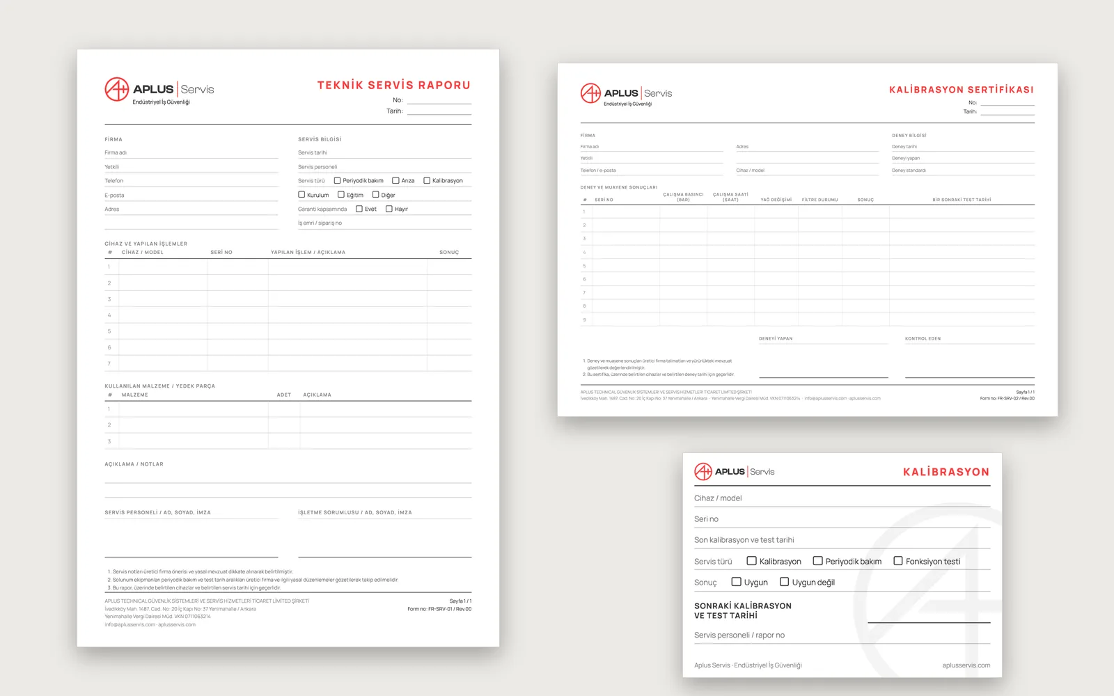Aplus Servis technical service report, calibration certificate and device label