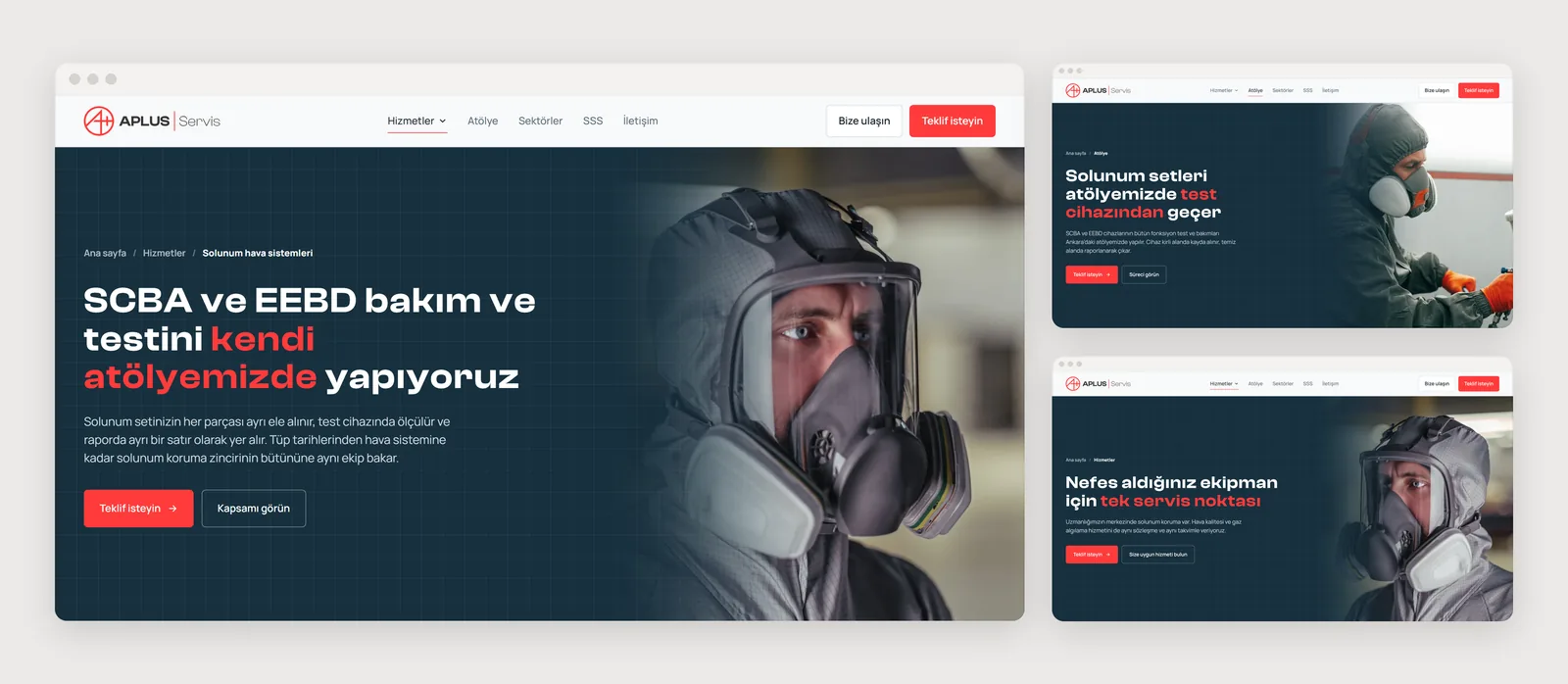 Aplus Servis website: breathing air systems, workshop and services pages