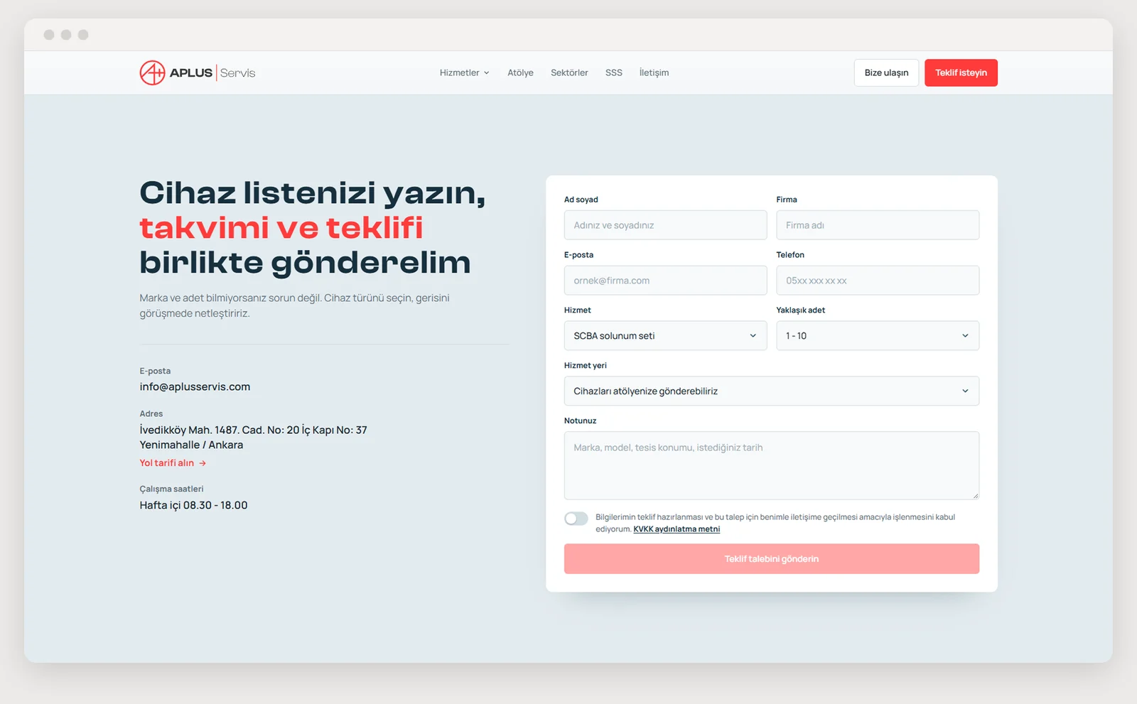 Quote form: company, service, approximate quantity and service location fields