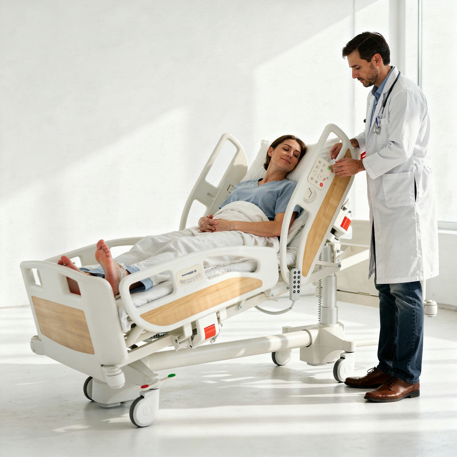 Doctor adjusting an Verano Medikal electric hospital bed