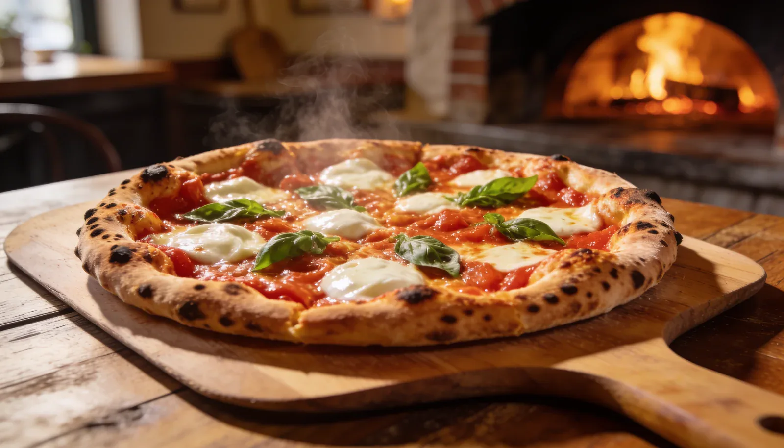 Odun ateşinden yeni çıkmış Margherita pizza